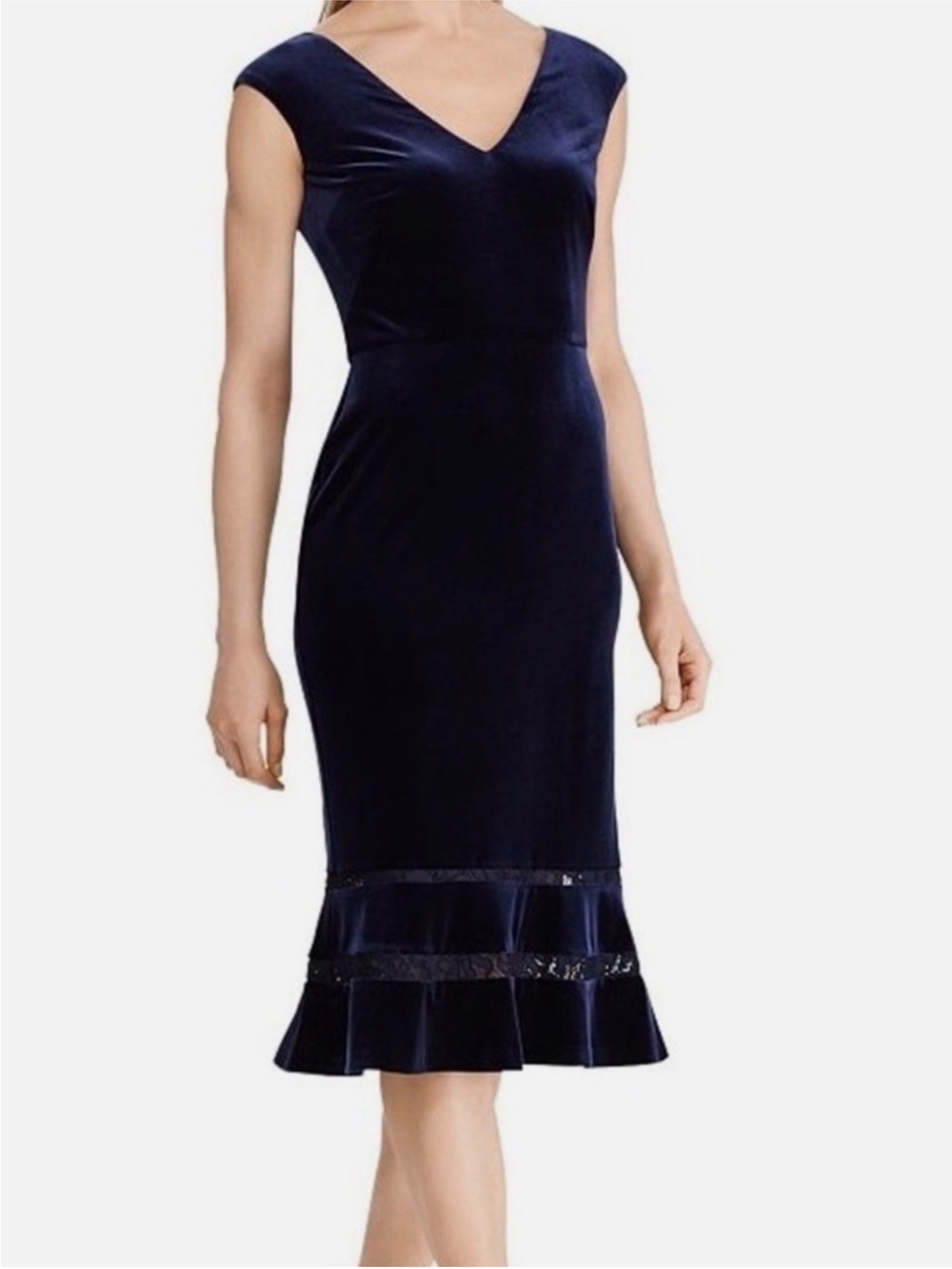 New Lauren Ralph Lauren Velvet Fluted Midi Dress